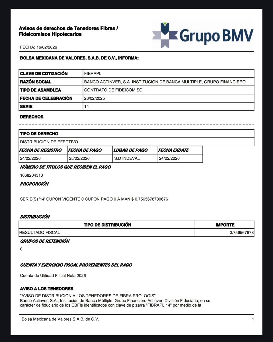 InversionistaM1's tweet photo. $FIBRAPL anunció su próxima distribución en efectivo 💰

Cantidad a Pagar: MXN$0.7565 por CBFI

Fecha de Pago: 25/02/26
Fecha Ex-derecho: 24/02/26

Yield del Pago: 0.90%
Yield Anualizado: 3.6%

Tipo de Distribución: Resultado Fiscal https://t.co/0ZoWdQYpys