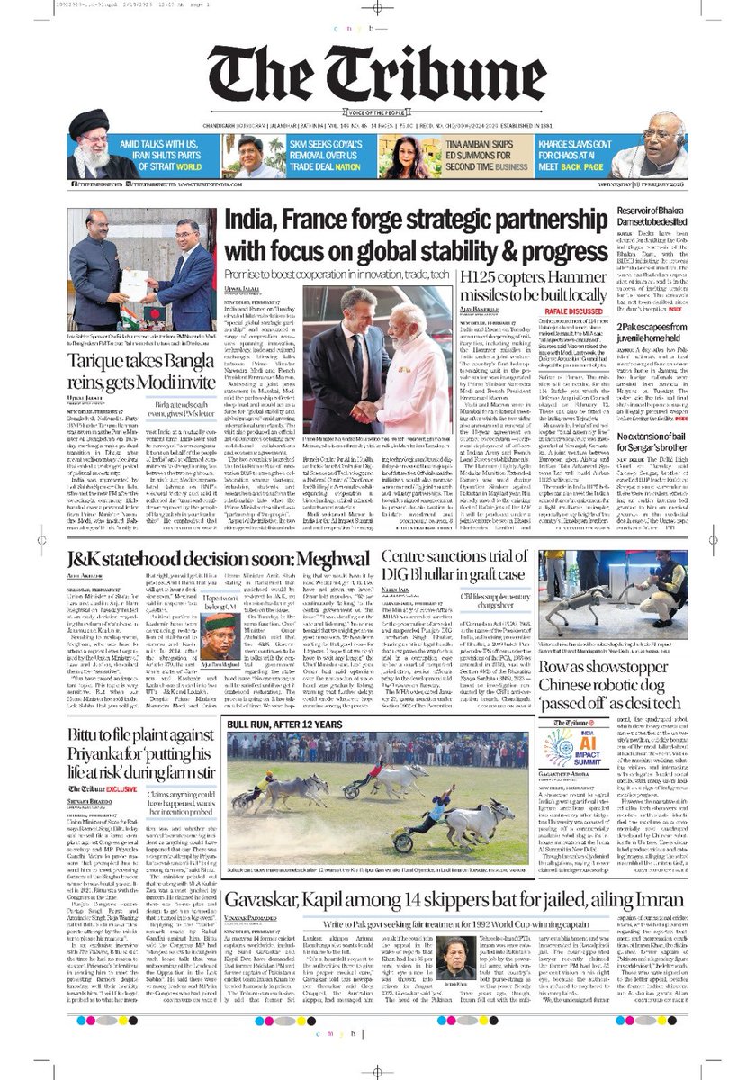 jomalhotra's tweet photo. The Tribune @thetribunechd’s Page One. Complete. Exclusive. Shivani @shivanibhakoo21 interviews Ravneet Bittu, Gagandeep @gdarora1 on AI summit, Ujwal @ujwaljalali on Naya Bangladesh, Vinayak  @Padmadeo on Arjuna Ranatunga also signing Imran Khan appeal. Read. Watch. Subscribe https://t.co/DmPEq6R6AV