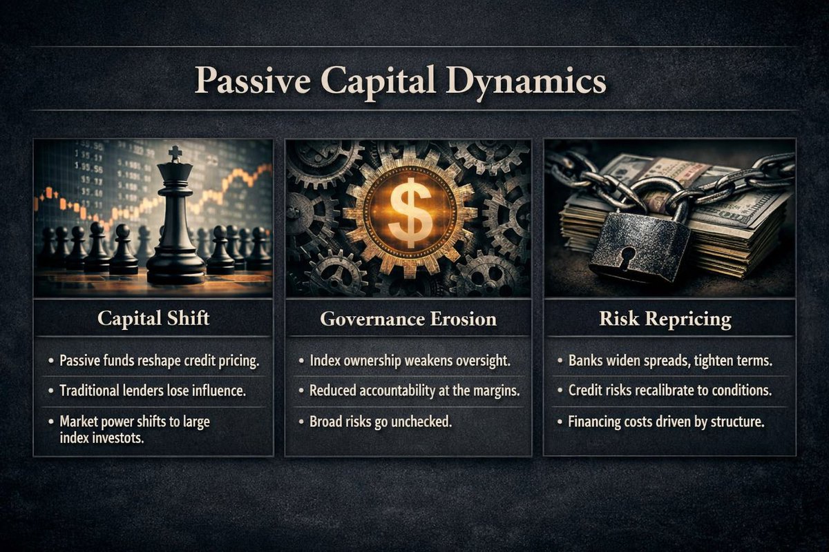 Mabuda000_'s tweet photo. Passive capital reshapes credit pricing. As index ownership rises, governance becomes thinner at the margin, pushing banks to widen spreads, tighten monitoring, and reprice risk. Market structure, not fundamentals alone, is now a driver of financing costs.
https://t.co/AInQuB6ji9 https://t.co/f7nvW82dRt