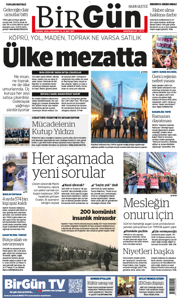 Köprü, yol, maden, toprak ne varsa satılık

Ülke mezatta

Ne insan, ne toprak, ne de ülke umurlarında. Üç kuruşa her şeyi satışa çıkardılar. Giderayak  yağmayı sürdürüyorlar

birgun.net/haber/ulke-20-…

Bugünün BirGün’ü
