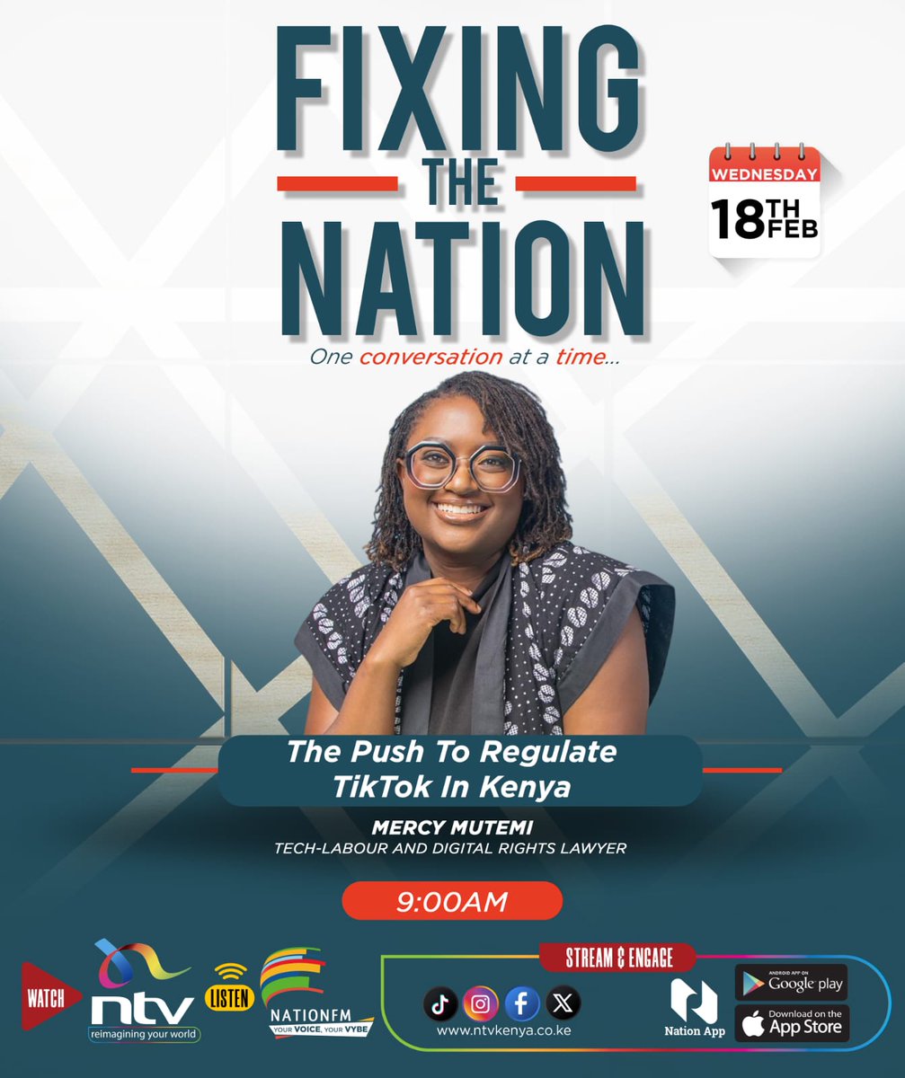 This morning on #FixingTheNationNTV:

7 AM: NADCO, 10-point agenda question marks | Javas Bigambo 
8 AM: Inside Ruto-Sakaja deal | Godfrey Akumali 
9 AM: Inside push to regulate TikTok | Mercy Mutemi

Livestream: youtube.com/live/b16MHtrea…

@nationfmke <a href="/EricLatiff/">Eric Latiff</a> @mariambishar