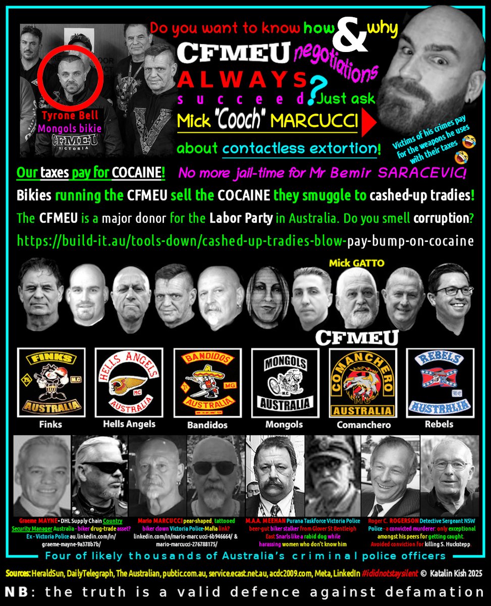 kish_katalin's tweet image. How much

c o c a i n e
+
p r o s t i t u t e   s e r v i c e s

did

C F M E U

tradies buy from
their

b i k i e   m a s t e r s

on this project
Jacinta huni?

Bondi = symptom
CFMEU = symptom
Labor = illness
@PoliceAssocVIC = crime gang?
#auspoll

x.com/JacintaAllanMP…