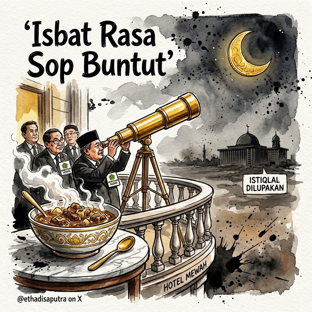 Isbat Rasa Sop Buntut

Luar biasa kreatifnya mantan imam Istiqlal ini. Setelah naik jet, menentukan hilal kok malah di Hotel Borobudur, bukan di Masjid Istiqlal yang megahnya sudah mendunia. Sepertinya kesaksian hilal memang butuh aroma Sop Buntut legendaris agar lebih cepat