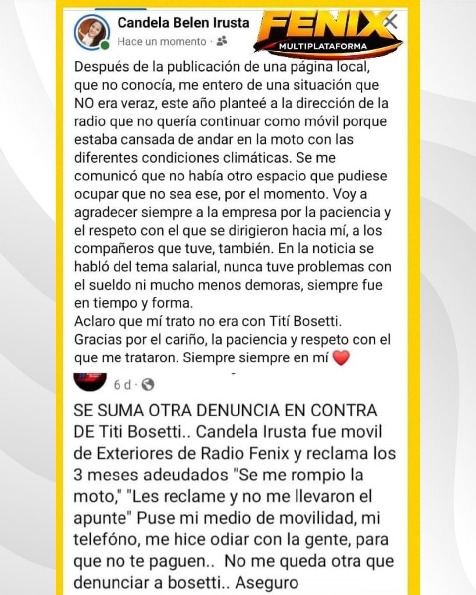 ⚠️ Fénix Multiplataforma agradece la labor de Candela Belén Irusta y destaca su aclaración ante versiones malintencionadas

Desde la dirección y el equipo de trabajo de Fénix Multiplataforma expresaron su reconocimiento a la periodista Candela Belén Irusta, quien culmina una