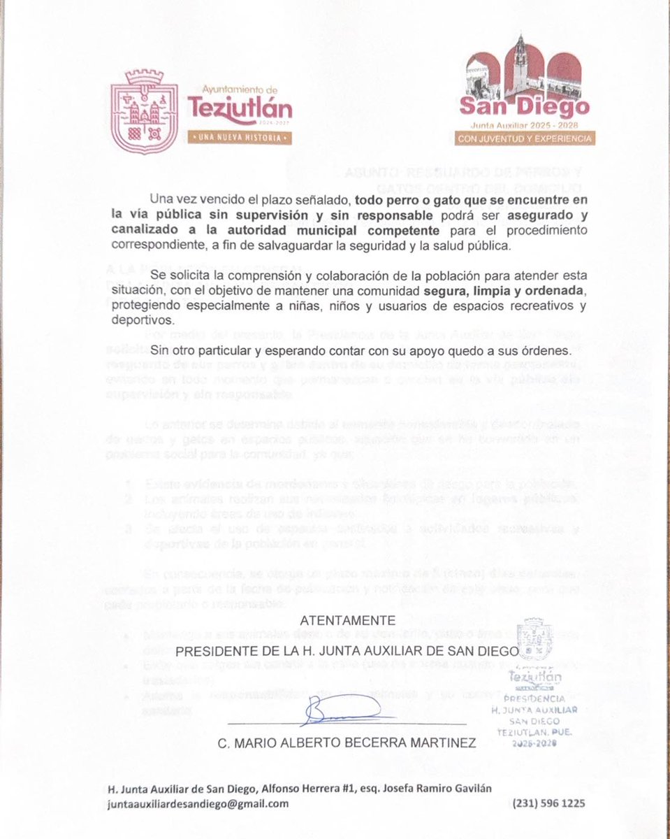 🐶🐱Ante el “aseguramiento” de #perros y #gatos anunciado por la Junta Auxiliar de San Diego, #Teziutlán, el Movimiento Animalista de #Puebla ha pedido la aclaración de cuál será el #procedimiento correspondiente una vez que se “aseguren” y canalicen los #animales a la autoridad