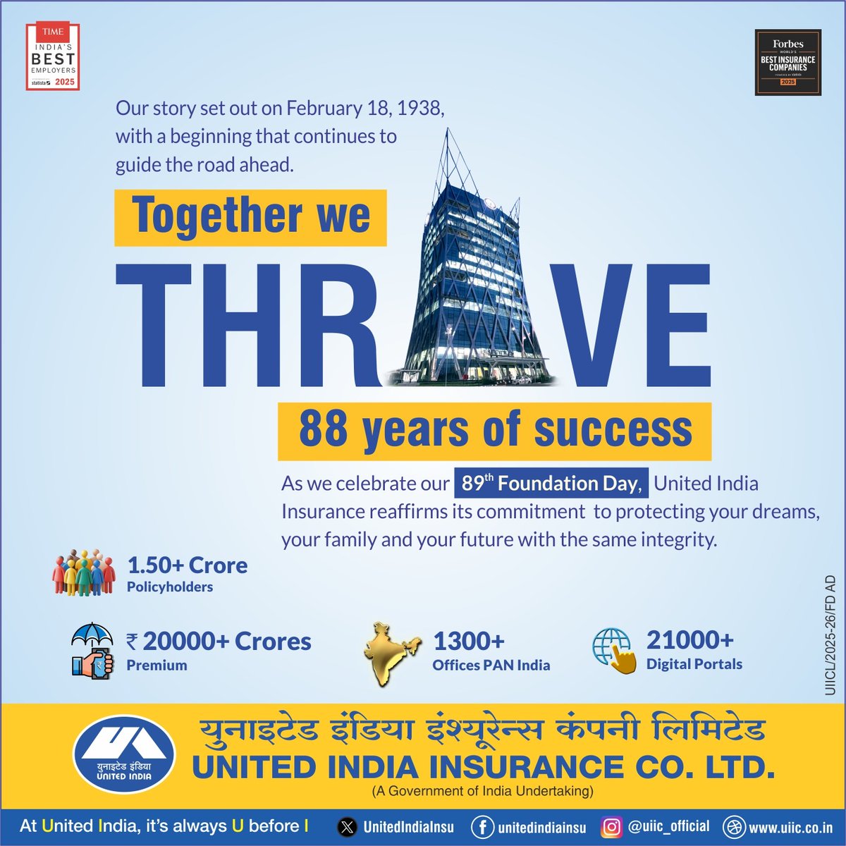 UnitedIndiaInsu's tweet photo. 89 years & still counting to keep up our promise - "It's always U before I". We heartily thank each and everyone on trusting us throughout this journey of serving our citizens.
#teamunitedindia #unitedindiainsurancecompany #89thfoundationday #unitedindiatwitter #officialpageofunitedindia #uiicofficial