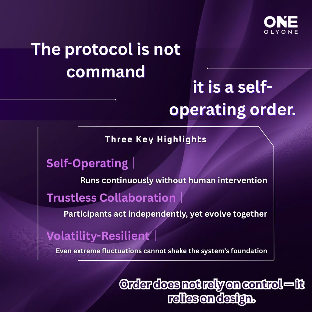 OlyOneOfficial's tweet image. A protocol is not a command, but a self-operating order ⚙️

Self-running · Trustless collaboration · Volatility-resistant stability
No control needed, relying on design 🚀

#OlyOne #ProtocolDriven #OnChainOrder #DecentralizedGovernance