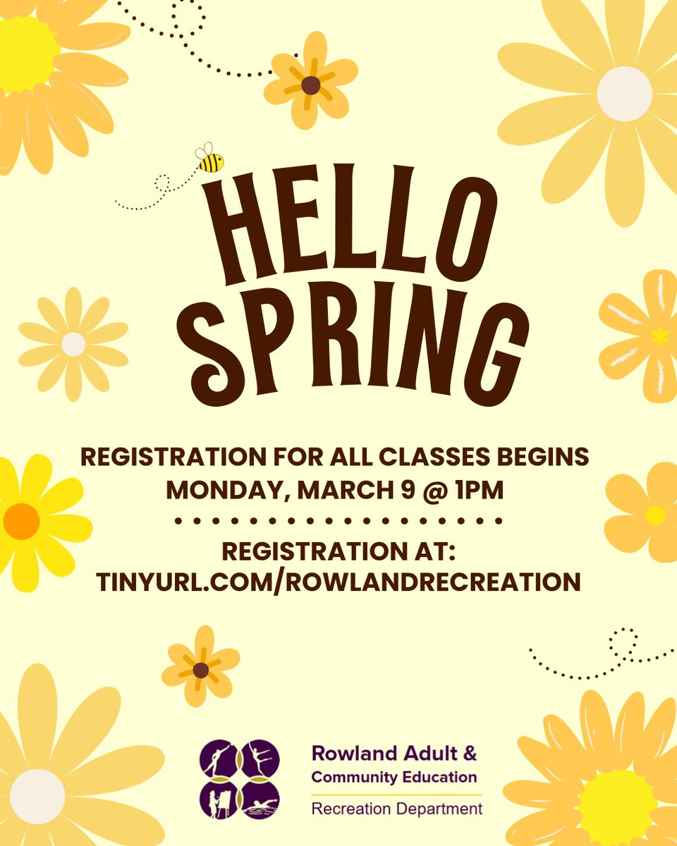 RecreationRusd's tweet photo. 🌻Hello Spring🌻

Spring is ready to bloom. Don’t miss out on our Recreation classes! 🐝

Registration begins Monday, March 9th at 1pm.

Register at: https://t.co/e3jrNhEiQ0 #rusdrecreation https://t.co/7cXoP83Fb9