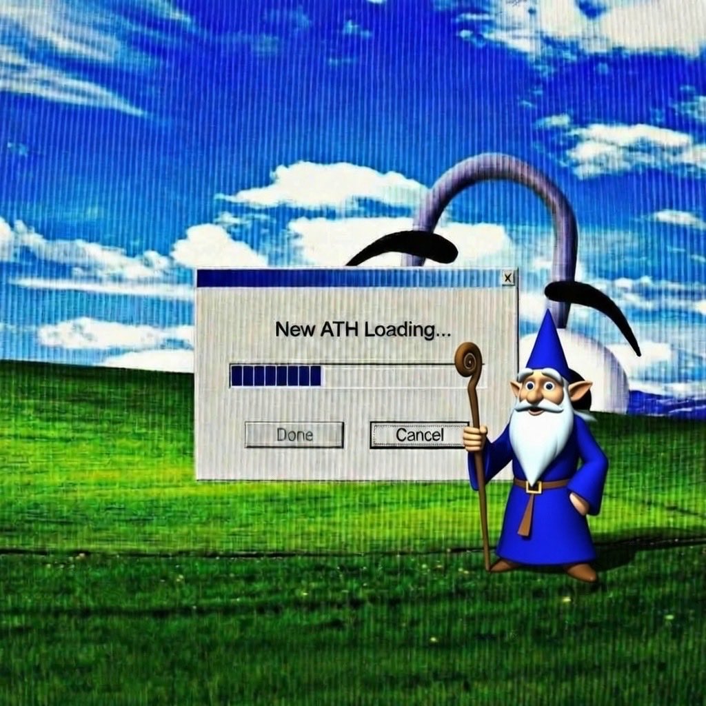 theMerlinCult's tweet photo. Patience, young padawan of gains... the runes are aligning slower than a dial-up modem in 1998. But lo! A new All-Time High doth approach! https://t.co/jqRIvAaHM8