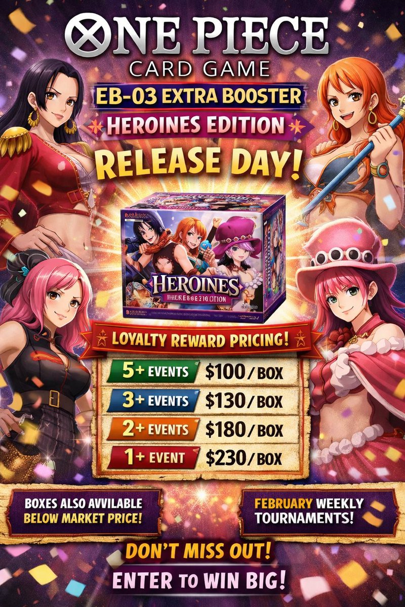 Hello One Piece Card Game players!
Friday is EB-03 Extra Booster: Heroines Edition release day!! 🎉
We are rewarding the players who consistently show up and support our events.
🎁 Loyalty Purchase Opportunity (Event Attendance-Based)
Players who have attended OP events between