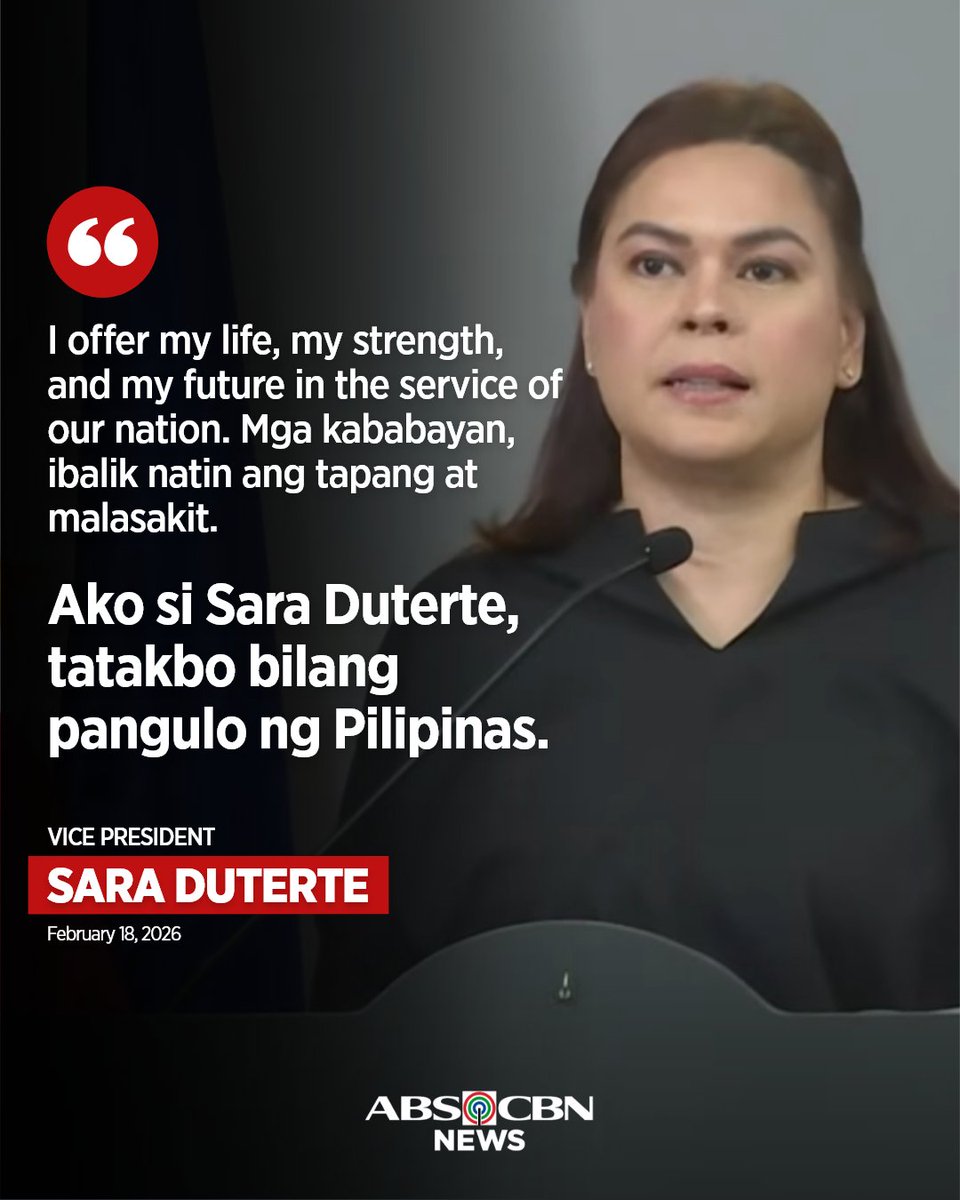 ABSCBNNews's tweet photo. Opisyal na inanunsyo ni VP Sara Duterte ang balak na pagtakbo sa pagkapangulo sa #Halalan2028.

Kaugnay na ulat: https://t.co/yUvN8iTV2Z https://t.co/7knpohyXn3