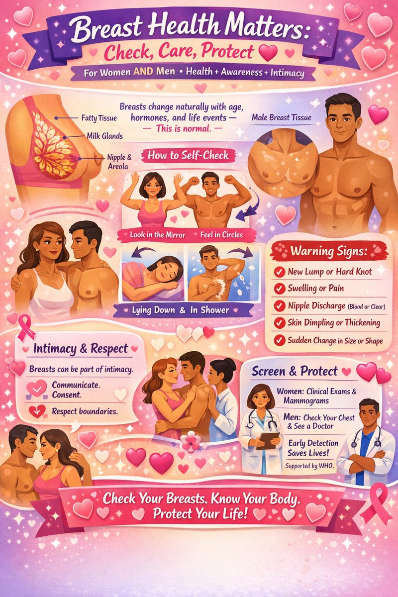 Good morning lovelies 💖😊
Breast health is important for both women and men. Regular self-checks, knowing what is normal for your body, and paying attention to changes can save lives. Warning signs like lumps, swelling, nipple discharge, or skin changes should never be ignored.