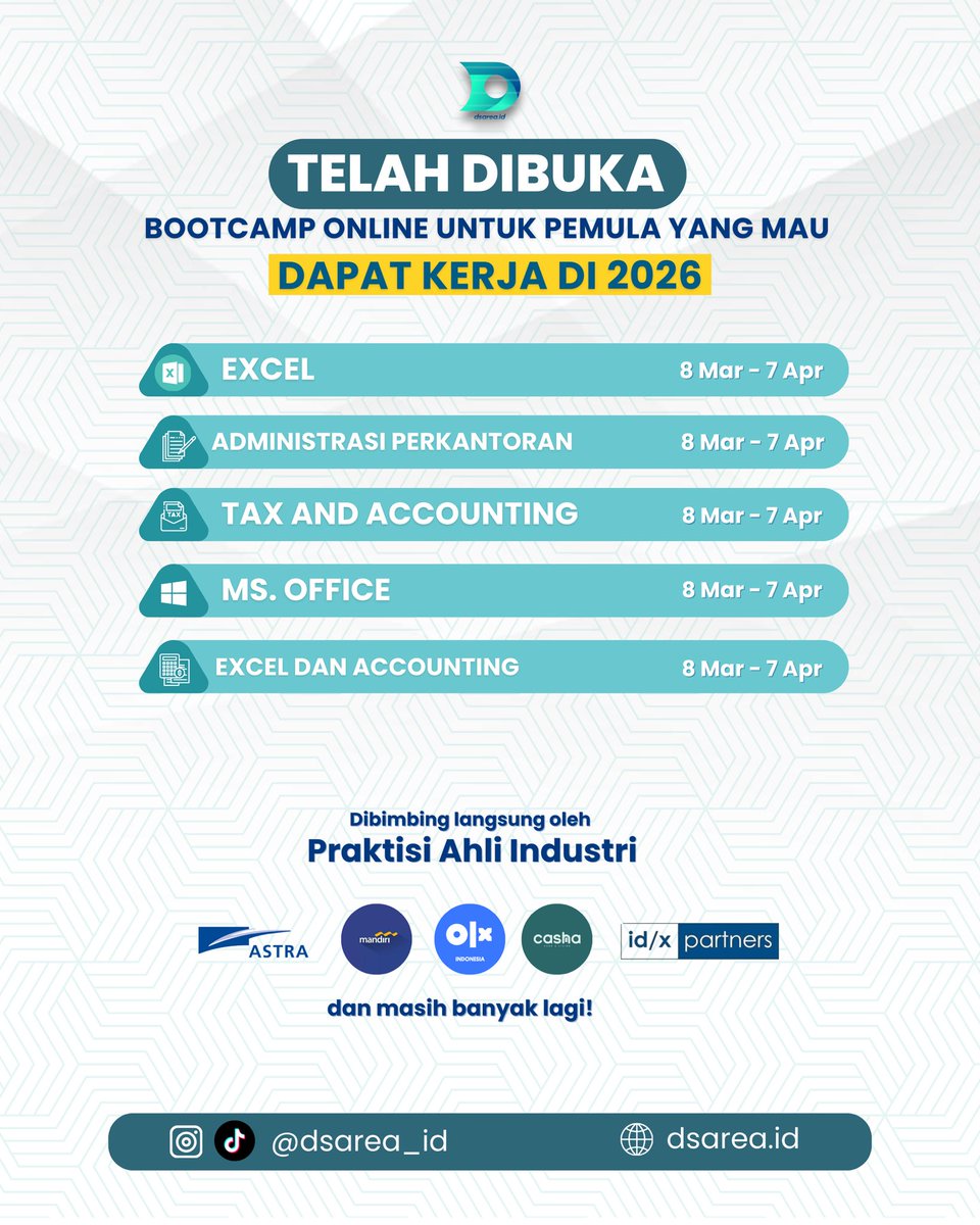 dsarea_id's tweet photo. ⚠️JOBSEEKER ALERT⚠️
Gass gabung bootcamp dsarea batch berikutnya, buruan daftar terkhusus jobseekers yang lagi cari kerja atau yang pingin upgrade skill
#jobseekers #bootcamp #excel #dsarea #upgradeskill https://t.co/9STXO1DTfp