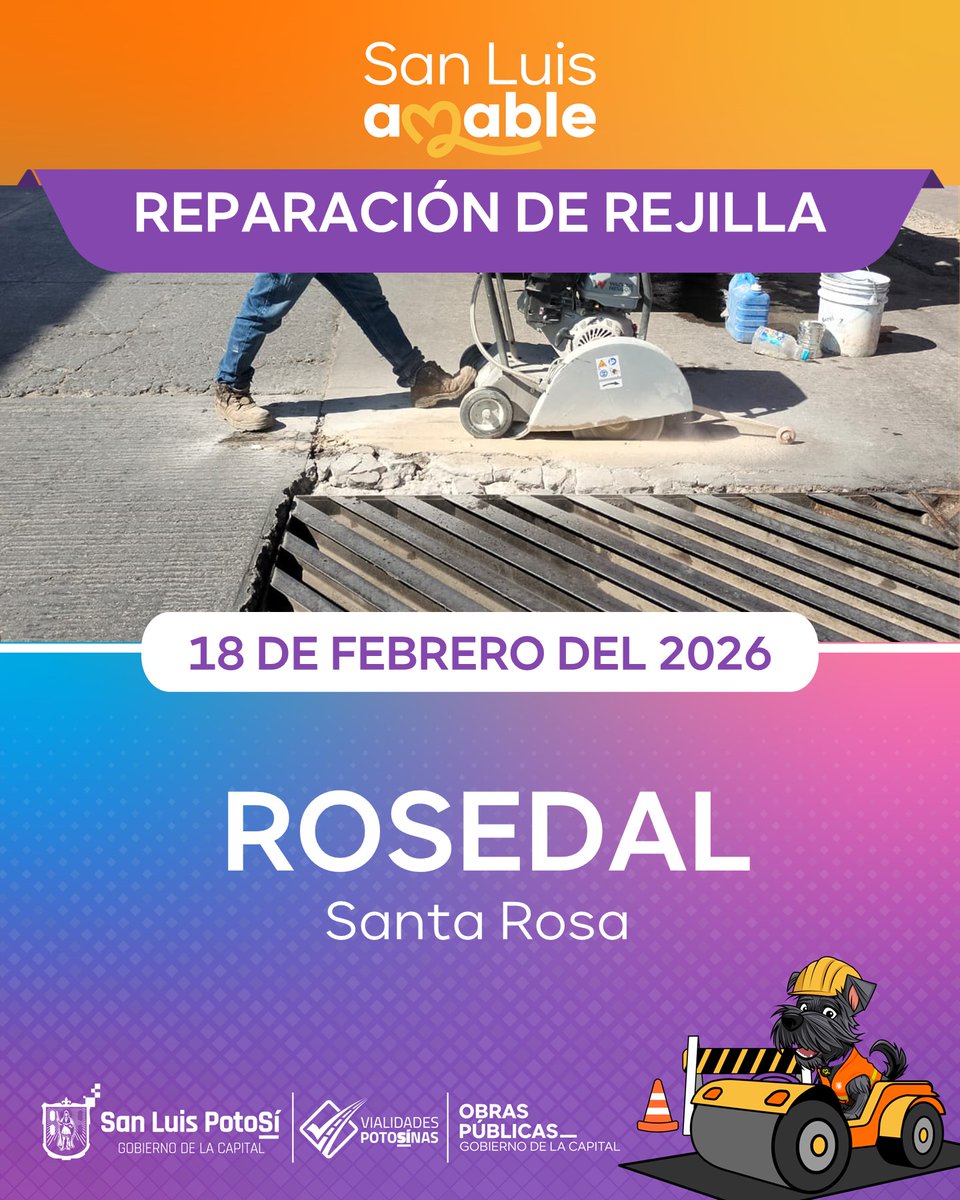 🌤️ ¡Excelente miércoles! 🚧 Vamos #PorBuenCamino con #BacheoEmergente hoy 18 de febrero

¡Gracias por tus reportes que envías por WhatsApp a 🐶 Güicho!
📲: 444 165 3081 🙌🏼

Consulta aquí la programación de hoy ⬇️
#SanLuisAmable #ObrasMunicipales #VialidadSLP