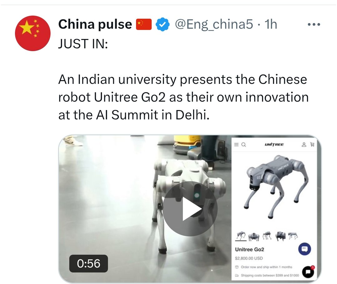 इंटरनेशनल बेजति होने के बाद 
गलगोटिया यूनिवर्सिटी का बयान आया सामने और स्पष्ट कह दिया कि रोबोट हमने नहीं बनाया। इधर, DD (सुधीर) सरकारी चैनल ने भी अपनी पोस्ट डिलीट कर दी