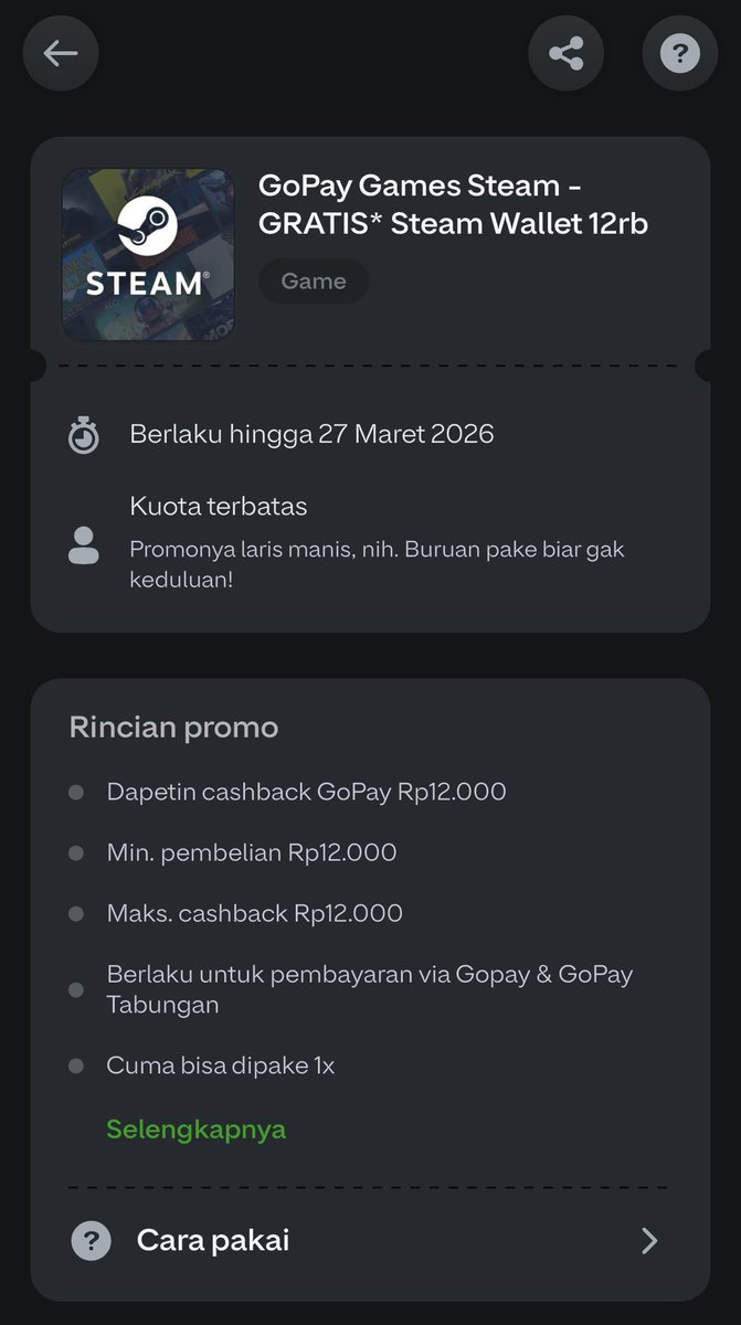 blekenwet's tweet photo. Iseng ngecek app GoPay, eh nemu voucher Steam 12rb gratis. Mayan lah buat beli game mumpung lagi Lunar Sale

Yang belum tau, coba cek app gopay bagian top up games deh sekarang, sikatt!

#infodiskon #steam #gopay https://t.co/mIVSGA7fal