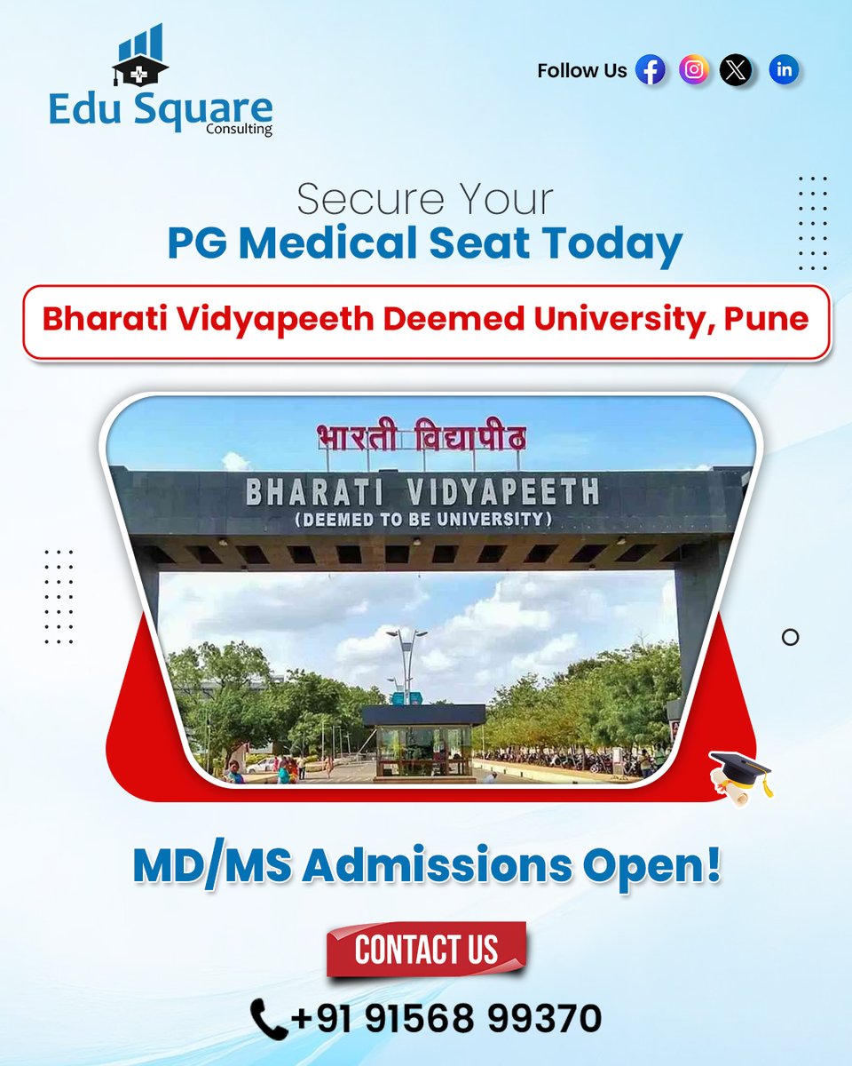 EduSquare298071's tweet photo. Secure Your PG Medical Seat Today! 🎓✨
Begin your journey toward a successful medical career at Bharati Vidyapeeth Deemed University, Pune.
Apply now and shape your future with confidence.
#MDMSAdmissions #PGMedical #MedicalCareer #EduSquare https://t.co/kimlbwt5Cb