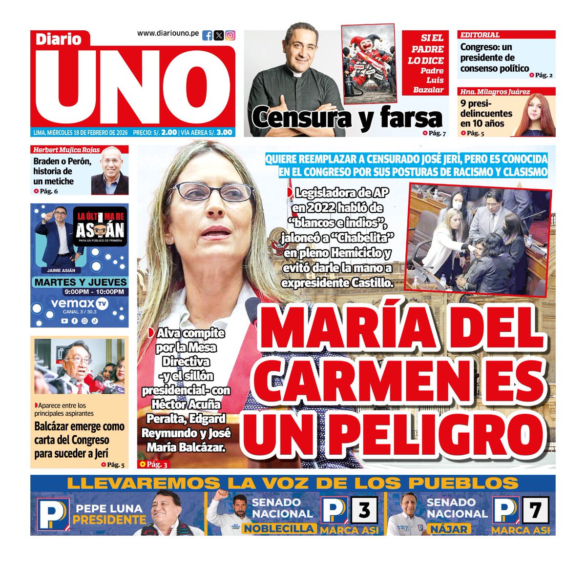 🗞️ Compartimos con ustedes la portada de Diario UNO del miércoles 18 de febrero de 2026