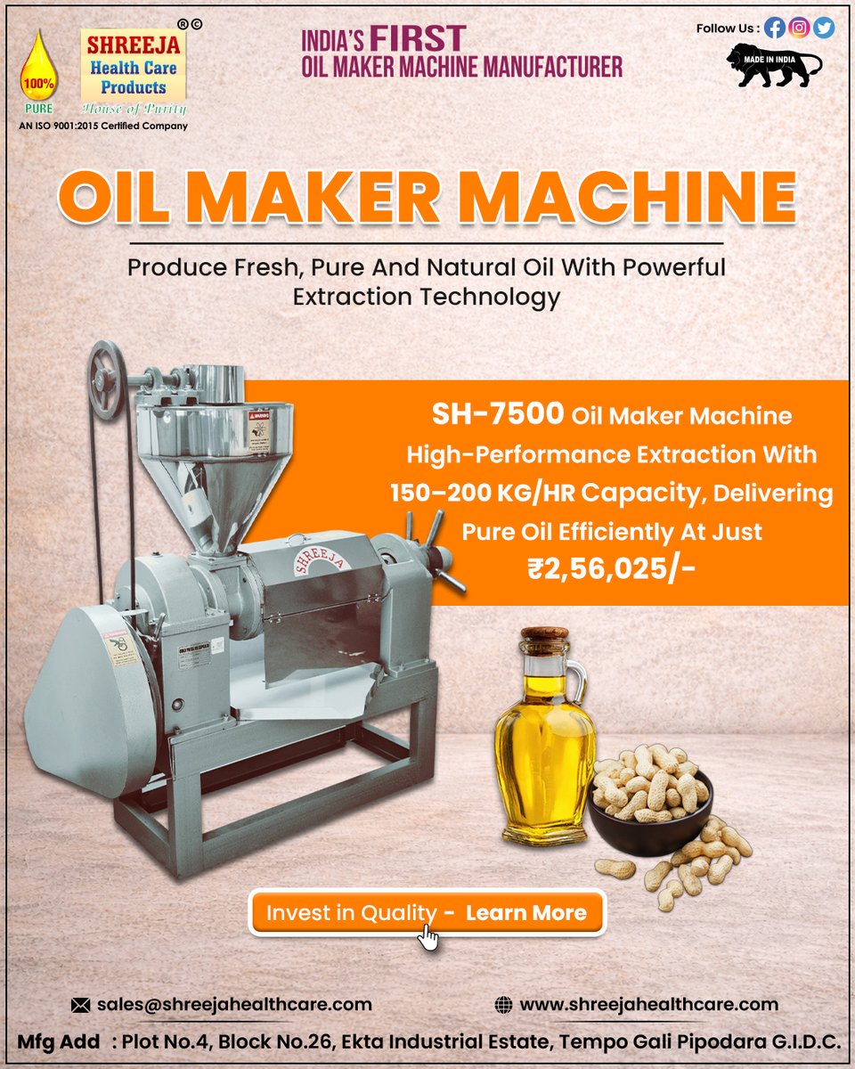 shreejahealth's tweet image. 🏭 Power Your Oil Business With High-Performance Technology
Introducing SH-7500 Oil Maker Machine
📞 Call us for more details
📱 +91 95103 01091
🌐 Visit Our Website:
shreejahealthcare.com
#oilmakermachine #industrialmachine #oilmillbusiness #madeinindia #agroindustry