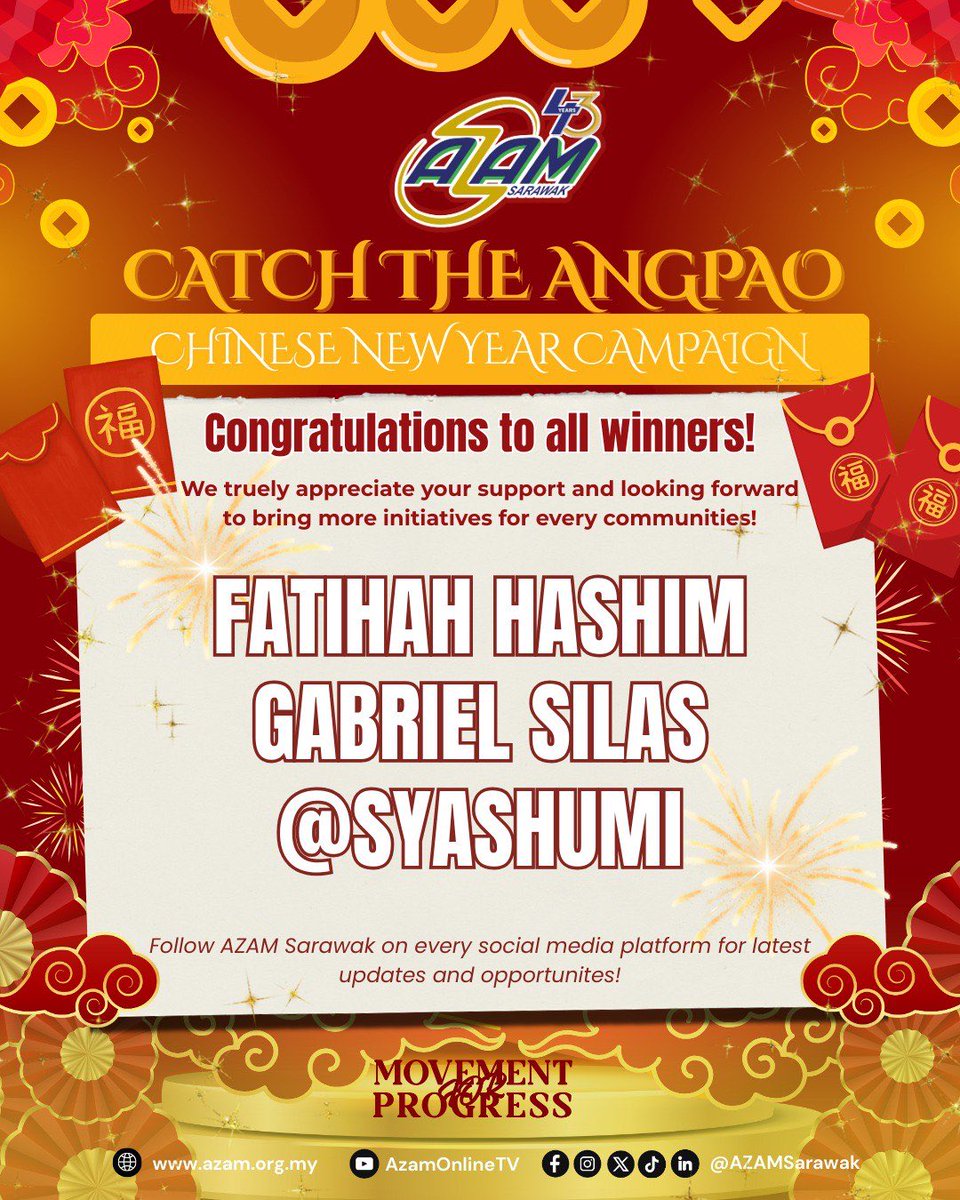 AZAMSarawak's tweet image. 🎉Thank you to all AZAM followers for participating in the AZAM CNY Scavanger Hunt 2026! 🎉

Your enthusiasm, and sharp eyes truly brought more Ong Ong Huat! 

Congratulations winners!

#AZAMSarawak #MovementforProgress #DigitalForImpact #AZAMYoungSouls #GrowTheYouthGrowSarawak