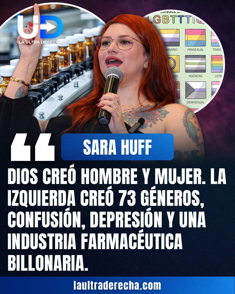 LUltraDerecha's tweet photo. 🟣|🇧🇷¡AHORA! La activista católica y exfeminista, @TheSaraHuff, atribuyó a la izquierda la creación de farmacéuticas billonarias y la proliferación de más de 72 géneros, enviando un mensaje duro y contundente que incluyó una referencia a la forma en que Dios nos creó. https://t.co/I19HJlSzzL