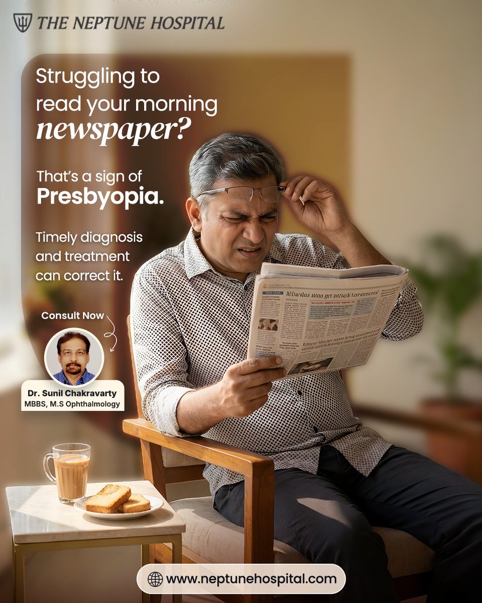 Neptunehealth45's tweet photo. Struggling to read your morning newspaper? 📰👀
You might be experiencing Presbyopia – a common age-related condition that makes near vision blurry.

Don’t ignore the signs – get your eyes checked today! 👓💡

#Presbyopia #HealthyVision #VisionCheck #ClearSight #NeptuneHospital https://t.co/kzW17oF3kr