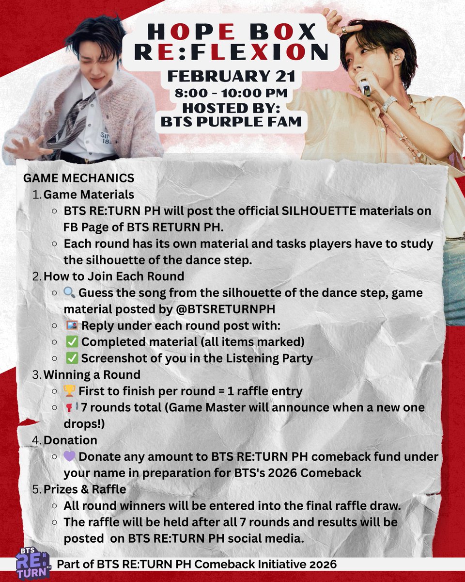 TheARMYPulsePH's tweet photo. Hobi energy takeover?โ๏ธ๐ฅ
Letโs #REMEMBER_JHOPE! ๐ฟโจ
๐งSH Listening ๐ฅณ
๐
Feb 21 | 8โ10PM
๐ค@btspurplefam613
๐ฎ Silhouette DC
Posted on BTS RE:TURN PH FB.
Guess the Hobi song + reply w/ entry & SH SS.
1sr per round wins!
@BTSisBackInPH
#HOBIDAY #HopeBoxReflection #BTSRE_TURNPH https://t.co/ptGZbjpS0R