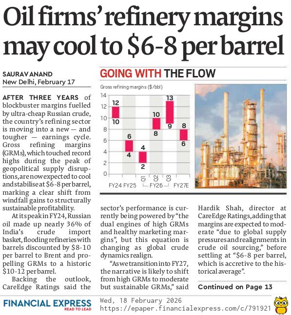 sauravanand04's tweet photo. After three years of profits driven by discounted #Russiancrude, India’s refining sector is entering a tougher earnings phase, with gross refining margins expected to cool to $6–8 per barrel, according to @CareEdge_Group .
#RefiningMargins #OilAndGas #CrudeOil #IndianRefiners https://t.co/wqYMu7A1BW