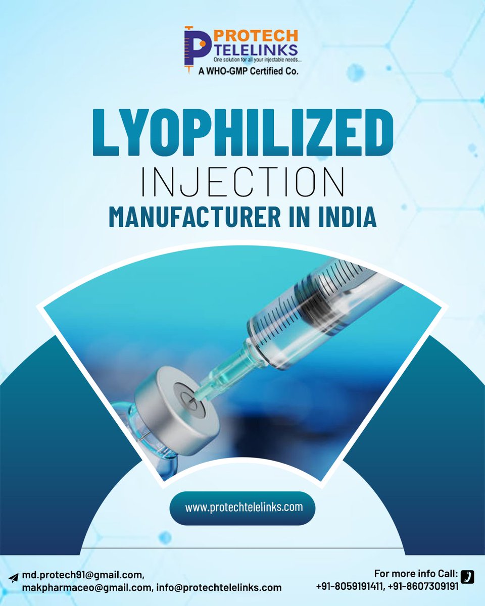 Telelinkprotech's tweet image. Trusted lyophilized injection manufacturing with precision and quality.
WHO-GMP certified solutions designed to support your pharmaceutical brand.
Partner with Protech Telelinks today.
#LyophilizedInjections #PharmaManufacturing #WHOGMP