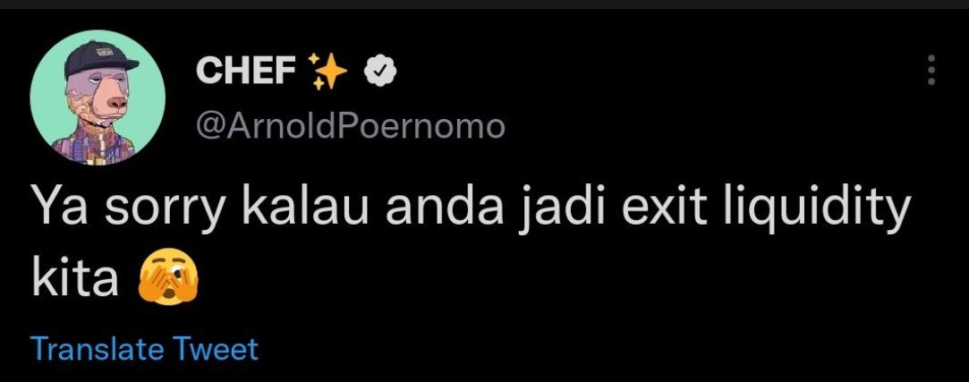 kiplizkhan's tweet photo. Itu nasib org yg beli nft chef Arnold Purnomo gmn ya? 

Lu bayangin, lu percaya sama omongan seseorang yang bilang NFT itu menjanjikan dengan segala bumbunya, lu taroh duit lu disitu, terus lu ludes. Udah lah ludes, orang yang bikin lu naroh duit itu malah bilang
"sorry ya jadi exit liquidity kami"

Emang Indonesia ini ramah sekali, di sini orang yang ngepompom barang scam, jelas-jelas mengakui, masih bisa punya karir, masih bisa berpolitik, masih bisa ngetweet kayak gini lagi
Republik ini ramah sekali, ya 😊