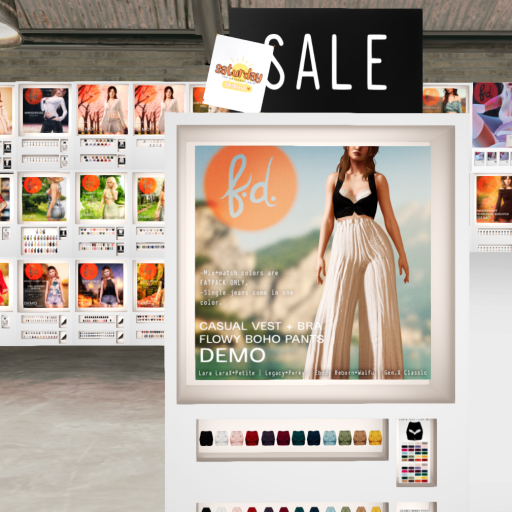 こちらの店で、SALEのトップスとパンツが素敵だったので、単色で購入しました。
ロングカーデガンは、他店のものです。
(fd) Casual Vest + Lace Strapless Bra - Black
(fd) Flowy Boho Pants - Tan
[SHIFUKU] Boho long cardigan - STRIPE02

(fd)さん
maps.secondlife.com/secondlife/fd%…