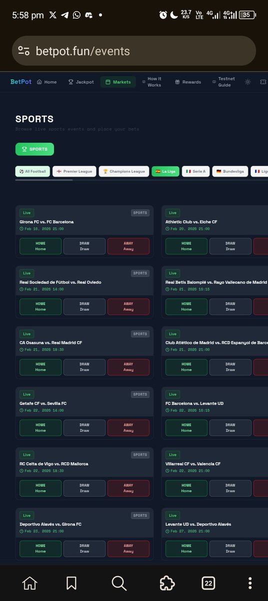 kingpreciousz's tweet photo. BetPot testnet looks 🔥 

clean dark UI, live La Liga matches, simple HOME/DRAW/AWAY buttons, no house edge, pure P2P pools on Solana.

Test decentralized betting risk-free: https://t.co/qiV5X1vsLY

Grab test SOL &amp; play! ⚽👀

#BetPot #Solana #Testnet https://t.co/9OJSUlK6im