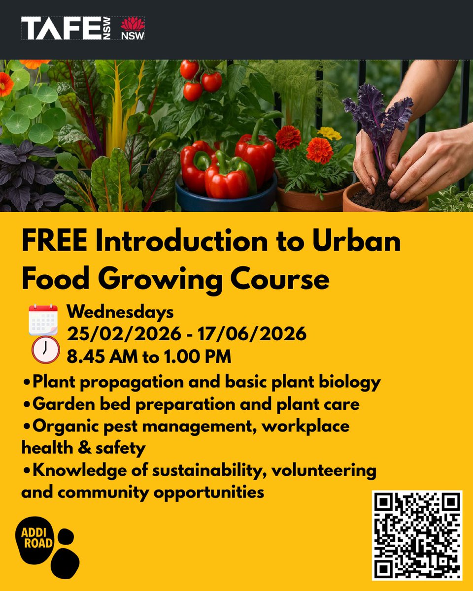 addi_road's tweet photo. Addi Road, in partnership with TAFE NSW, is delivering a FREE Introduction to Urban Food Growing course at Addison Road Community Garden.
Wednesdays | 25 Feb–17 Jun 2026
8:45am–1pm
Enrol:
https://t.co/RnFmPSr4Qw�
#UrbanGardening #AddiRoad #TAFENSW https://t.co/CRAe1CBRL5
