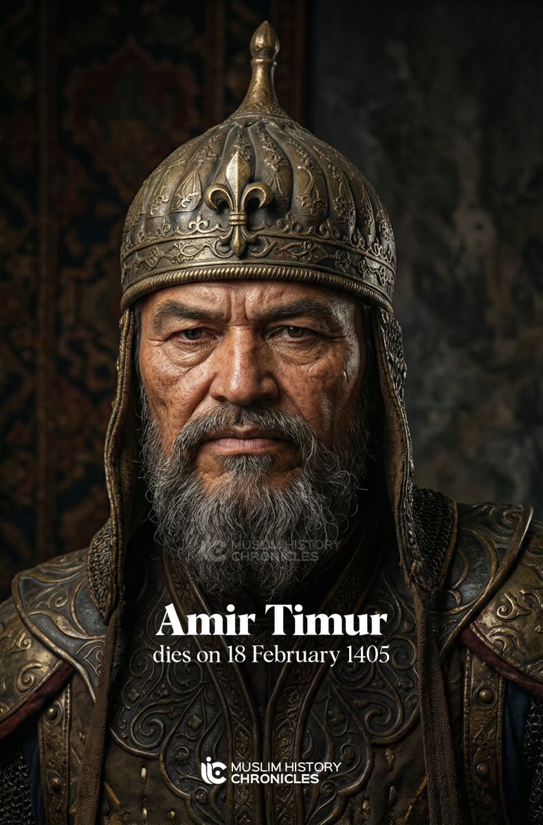 mhchroniclesx's tweet photo. On this day, 18 February 1405, the founder of the Timurid Empire, Amir Timur or Tamerlane died in a freezing cold winter in modern-day Otrar, Kazakhstan.

Timur was riding east for his last campaign against the Ming emperor of China. In January, Timur arrived at Otrar and fell ill, where he died because of a severe fever.

Timur was born on April 9, 1336, near Shakhrisabz, south of Samarkand during the rule of Chagatai Khanate. A military genius, Timur moved like a whirlwind through Eurasia and left a name familiar throughout the world.

From 1382 to 1405 his armies crisscrossed Eurasia from Delhi to Moscow, from the T'ien Shan Mountains of Central Asia to the Taurus Mountains in Anatolia, conquering and reconquering, razing some cities, sparing others.

Timur has been defined as one of the most ruthless conquerors in human history.

(Disclaimer: This photo has been created using LLMs for educational purposes. It draws inspiration from facial reconstruction from Timur's skull made by Mikhail Mikhaylovich Gerasimov.)