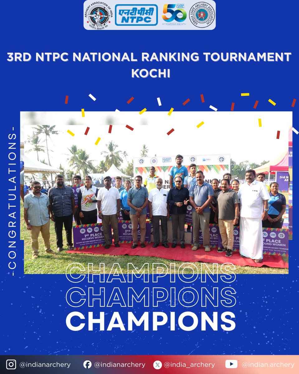 india_archery's tweet photo. Junior podium finishes at the 3rd NTPC National Ranking Archery Tournament in Kochi (10–19 Feb) showcase strong performances across recurve & compound categories.
Congratulations to all archers 🏹
#IndianArchery #NTPC #ArcheryIndia #SubJunior #Kochi https://t.co/2CUtnMY1jD