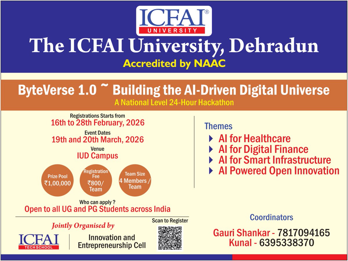 🚀 ByteVerse 1.0 | National 24-Hour AI Hackathon
📅 Registration: 16–28 Feb 2026
💻 Hackathon: 19–20 Mar 2026
💰 Prize Pool: ₹1,00,000
👥 Team of 4 | ₹800/team
🎓 Open to UG &amp; PG students across India