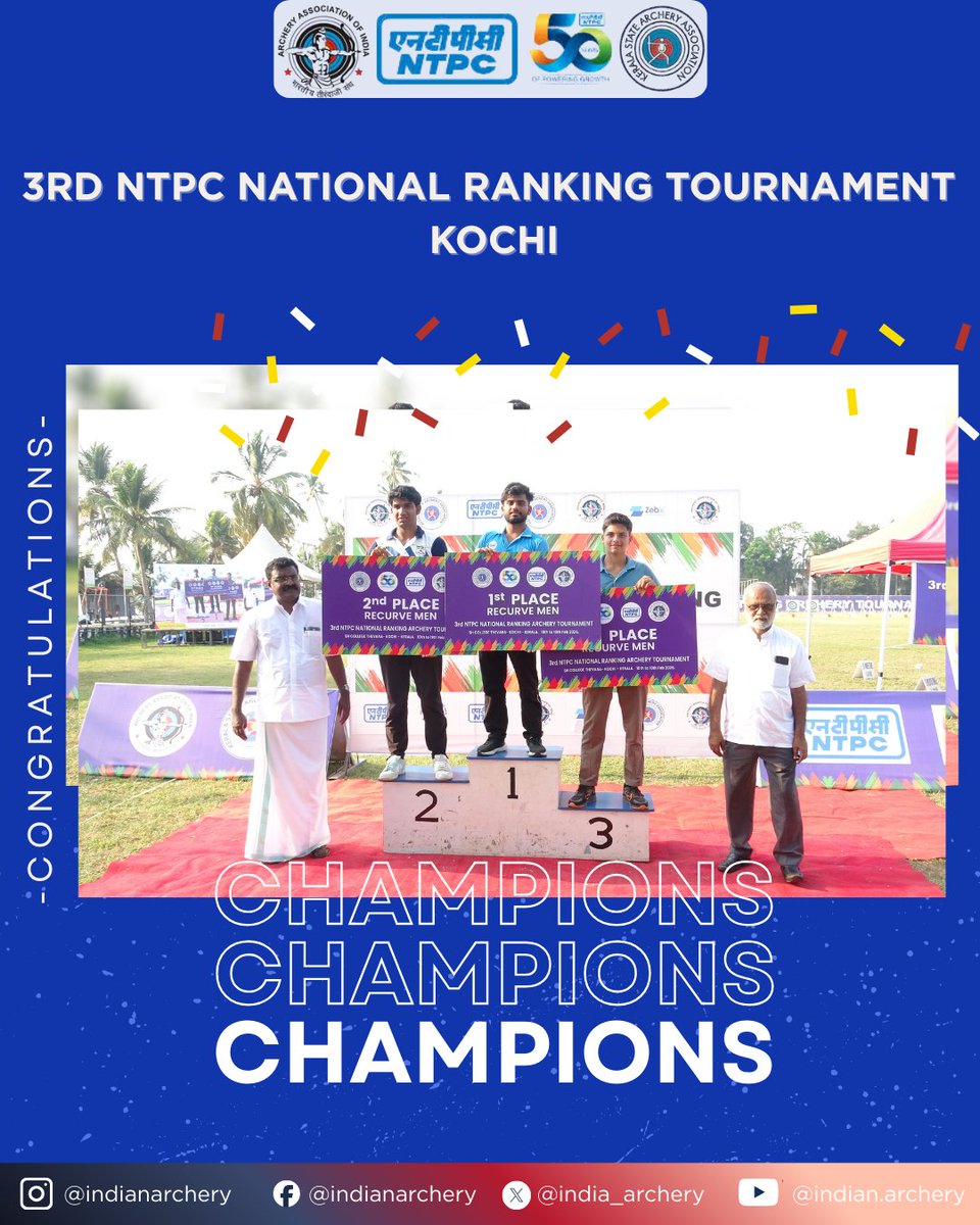 india_archery's tweet photo. Junior podium finishes at the 3rd NTPC National Ranking Archery Tournament in Kochi (10–19 Feb) showcase strong performances across recurve & compound categories.
Congratulations to all archers 🏹
#IndianArchery #NTPC #ArcheryIndia #SubJunior #Kochi https://t.co/2CUtnMY1jD