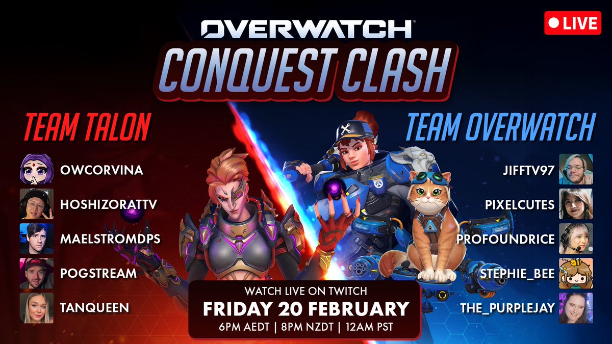 pog's tweet image. Ready for an Overwatch showdown? ⚔️

Friday 6pm AEDT, 10 streamers from AU &amp;amp; NZ go head-to-head in the Conquest Clash: Team Talon vs Team Overwatch.

Who will win?

🎁GIVEAWAY: Follow, RT &amp;amp; comment which team you're backing &amp;amp; why to win an Ultimate BP Bundle!
@Blizzard_ANZ