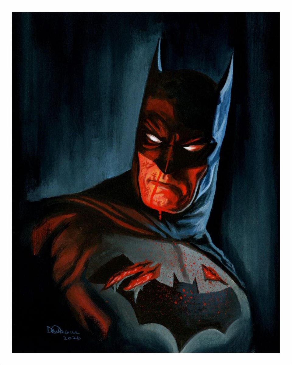 And....I'm calling it done.  

Client asked for " Battle Damaged " Batman.  I'm not a big blood &amp; gore guy, so I went with a look to suggest " he's been through it ".   

Gouache on hot press paper  8 x 10".