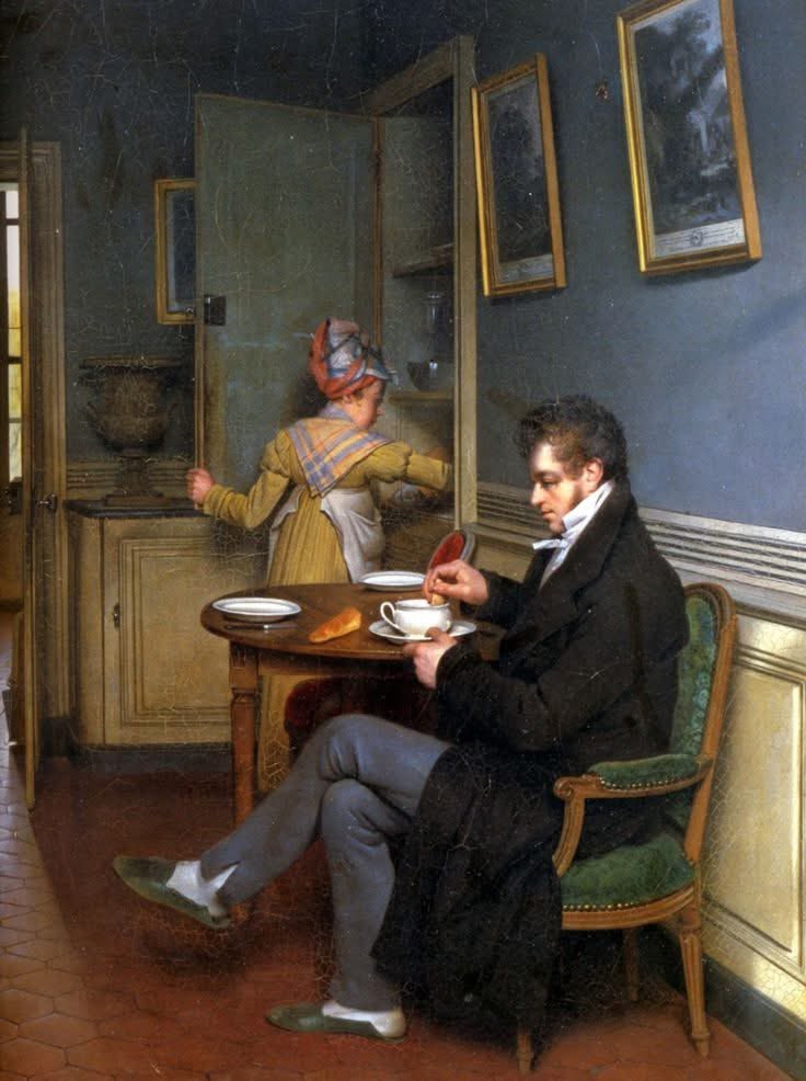 "Dentro de un comedor", 1816
By, Martin Drolling (French, 1752–1817)

Óleo sobre lienzo

Una tranquila escena doméstica mostrando a un hombre disfrutando del té mientras una joven se mete la mano en un armario. El interior detallado, la suave luz natural y los ricos colores