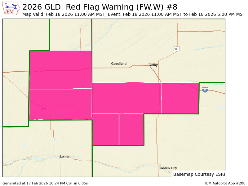 GLD upgrades Fire Weather Watch to Red Flag Warning valid at Feb 18, 11:00 AM MST for Cheyenne, Kit Carson County [CO] and Greeley, Logan, Wallace, Wichita [KS] till Feb 18, 5:00 PM MST mesonet.agron.iastate.edu/vtec/f/2026-O-…
