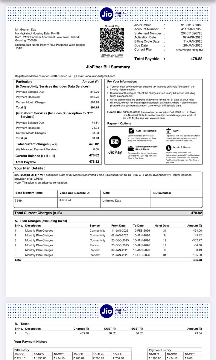 somukund's tweet photo. @JioCare Hi team please note: we haven’t changed any new plan, please find my last bill details..  please revert to old plan again.. Thanks.. https://t.co/P94Q64S3Tp