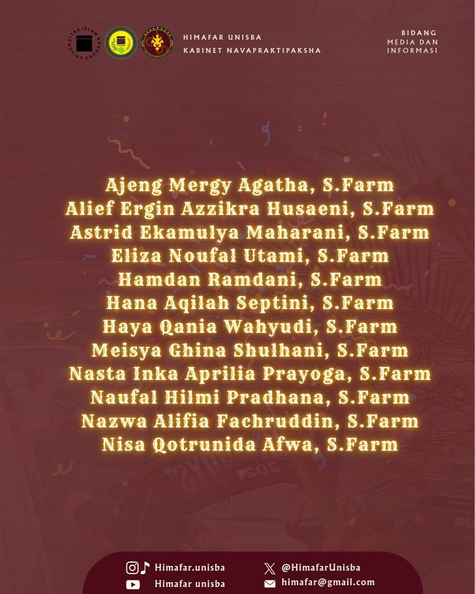 Happy graduation akang/teteh
Kami segenap keluarga besar Farmasi Unisba turut berbahagia atas kelulusan yang telah akang/teteh capai. Semoga gelar sarjana yang diraih menjadi berkah, memberi manfaat bagi banyak orang, serta menjadi awal yang baik dan meraih kesuksesan.