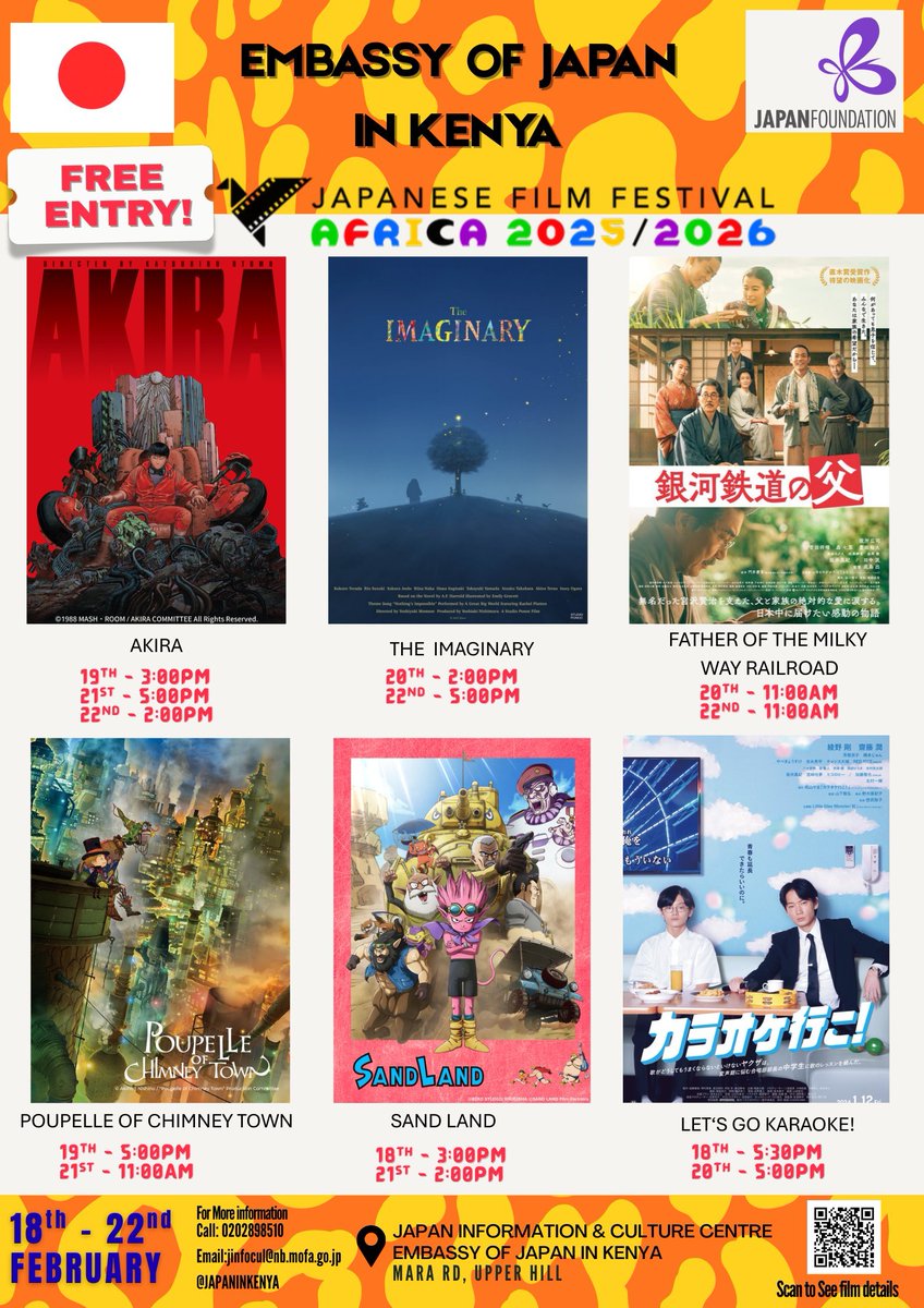 nairobinow's tweet image. #Nairobi: #Screening: JFF Africa Tour – Animated #Film Edition, Feb. 18-22 2026 @ the Embassy of Japan, Mara Road. 

Dates: February 18-22, 2026
Venue: @JapaninKenya
Entry: Free

NB: National / Student ID / Passport required to gain entry

FMI, here: tinyurl.com/3drfpcvm