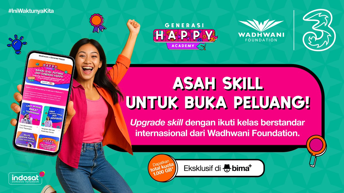 triindonesia's tweet photo. "Min, aku mau.."
Mau apa? Kalau mau upgrade skill dan maksimalin potensi, #IniWaktunyaKita download dan buka aplikasi #bimaplus untuk mengakses modul Wadhwani Foundation x Generasi Happy Academy!
Kamu bisa ikutin semua kelasnya kapan aja, tanpa dipungut biaya, dan bisa dapetin total kuota 1.000GB.
Klik: https://t.co/I0XEGfZ9I6
#TriLebihHematSinyalCepat