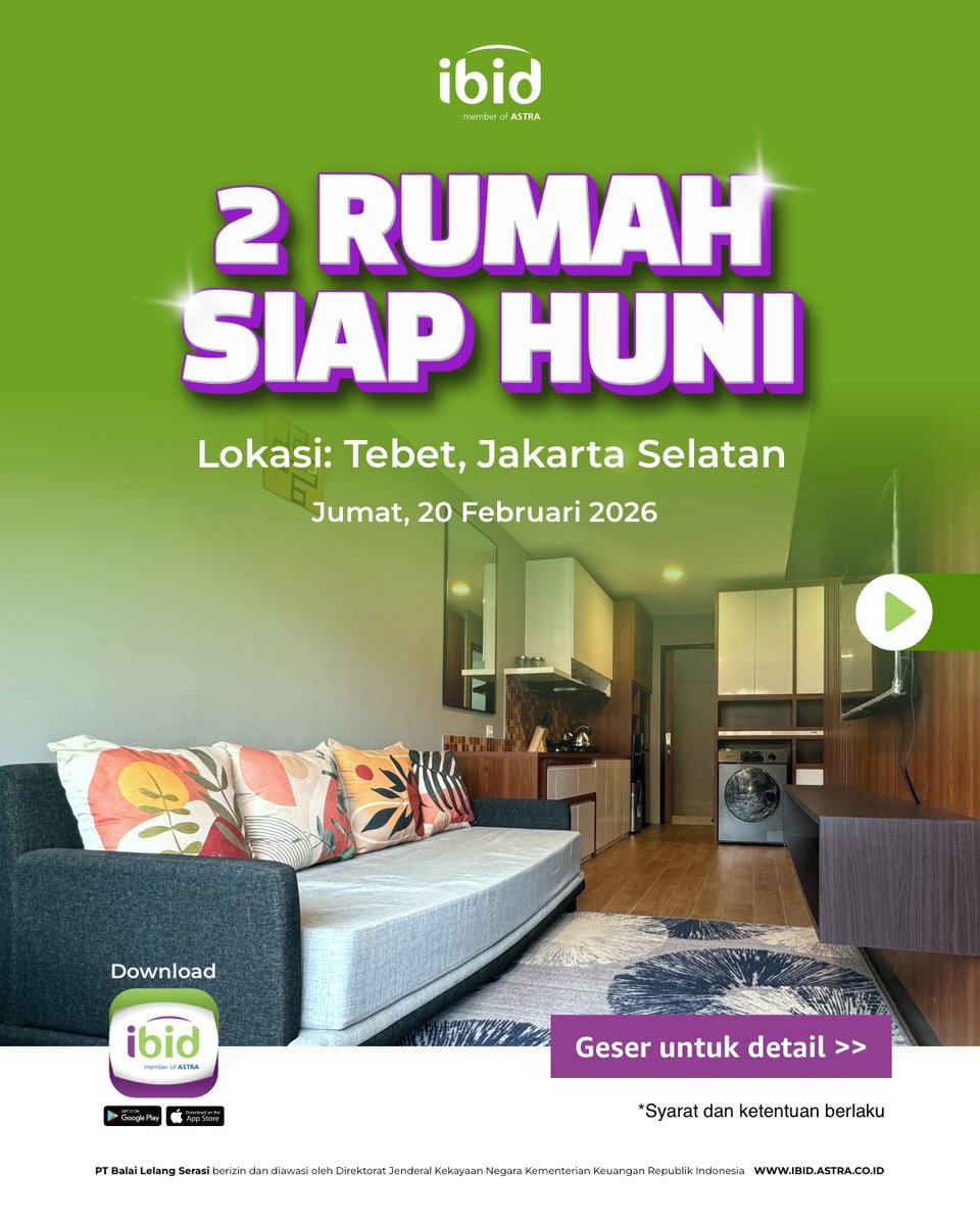 ibid_lelang's tweet photo. Lelang Rumah Premium di Jaksel!

Ikuti lelang 2 unit rumah premium di IBID. Tinggal bawa koper buat pindah ke rumah baru 🏠

📍 IBID Jakarta
🗓️ Jumat, 20 Feb 2026
🔗 https://t.co/93JPrxEinm

Segera beli NPL dan menangkan unit incaranmu, Ibiders ✨ https://t.co/hp04WAwaSm