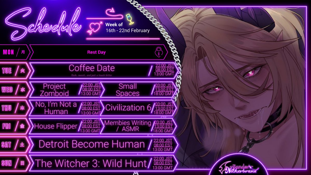 A fresh week means new chances for some in club antics! 💜

From classics like Zomboid to a new run of Detroit, to The Witcher. I'm ready for some comfy, cozy, chaos!