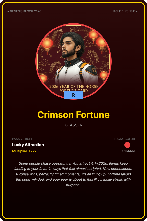 Testing my luck with Perle of Fortune: Year of the Horse 🧧

Just minted my Perle Identity: Crimson Fortune (R)

Passive Buff: Lucky Attraction (+77x) 💰

Generate your own unique Perle card + claim a limited red packet cover 👇 perleoffortune.xyz/share/0x76f181…