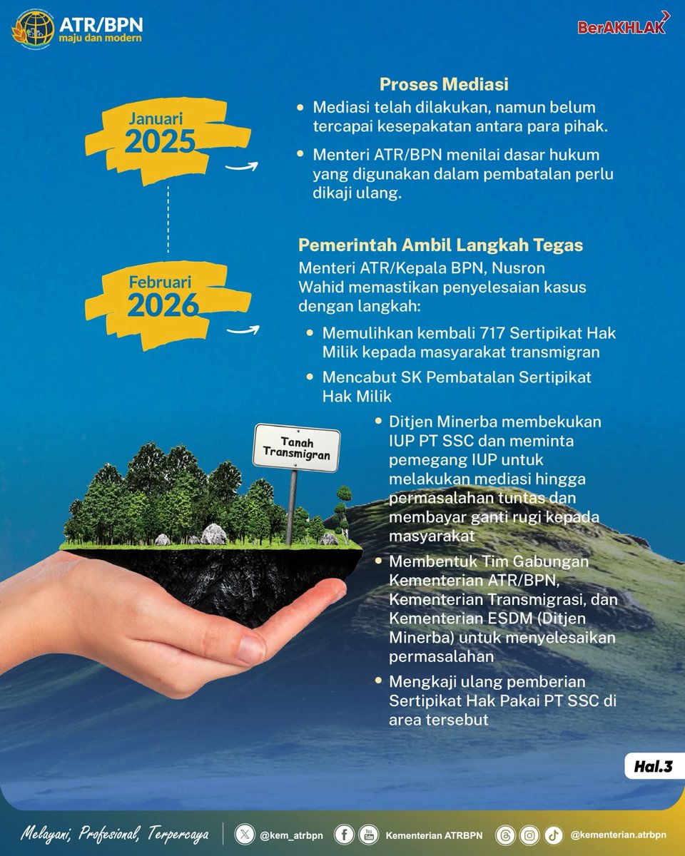 bpn_sumedang's tweet photo. Halo #SobATRBPN hadir memberi kepastian hukum dan menyelesaikan sengketa pertanahan secara adil &amp; transparan.
Percepatan penanganan kasus tanah transmigran di Kab. Kotabaru, Kalsel jadi bukti nyata komitmen tersebut.
Simak infografisnya ya ☝🏼
  #MelayaniProfesionalTerpercaya https://t.co/mpAX6ktpw0