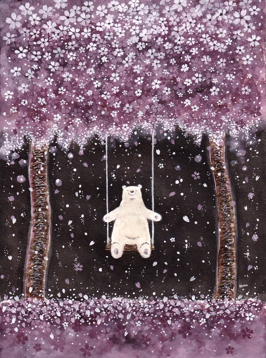 桜のブランコ🌸🐻 #イラスト #水彩